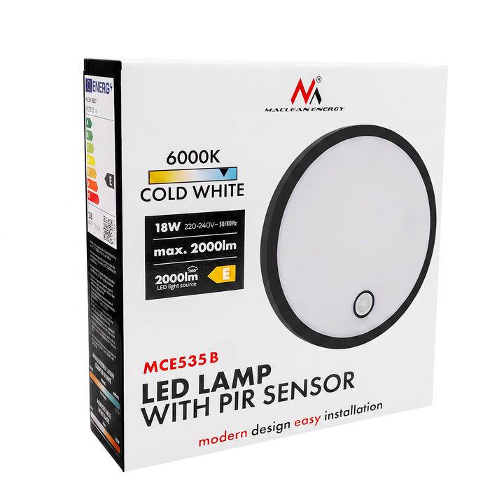 Lampa LED z czujnikiem ruchu Maclean, czujnik PIR, czarna, 10W/15/18W, IP65, możliwość zmiany barwy 3000/4000/6000K, MCE535 B
