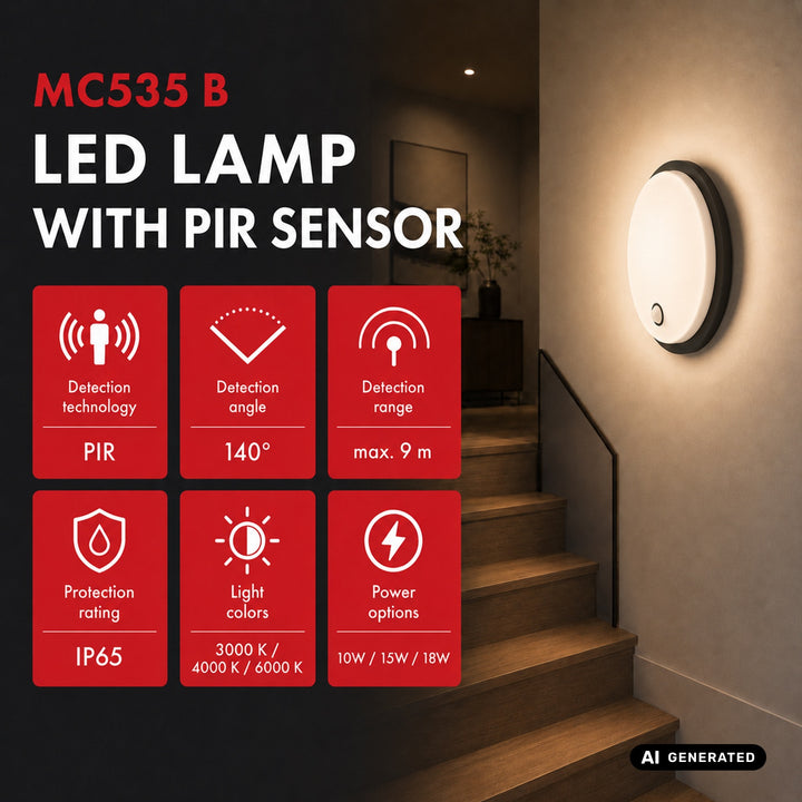 Lampa LED z czujnikiem ruchu Maclean, czujnik PIR, czarna, 10W/15/18W, IP65, możliwość zmiany barwy 3000/4000/6000K, MCE535 B