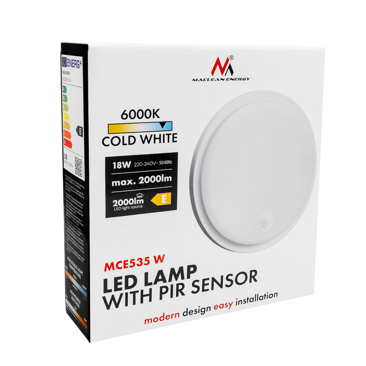 Lampa LED z czujnikiem ruchu Maclean, czujnik PIR, biała, 10W/15/18W, IP65, możliwość zmiany barwy 3000/4000/6000K, MCE535 W