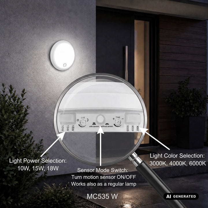 Lampa LED z czujnikiem ruchu Maclean, czujnik PIR, biała, 10W/15/18W, IP65, możliwość zmiany barwy 3000/4000/6000K, MCE535 W