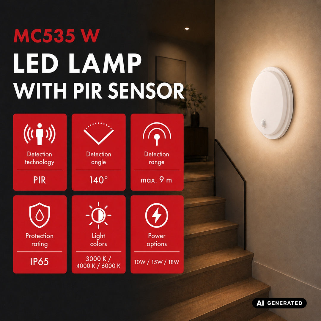 Lampa LED z czujnikiem ruchu Maclean, czujnik PIR, biała, 10W/15/18W, IP65, możliwość zmiany barwy 3000/4000/6000K, MCE535 W