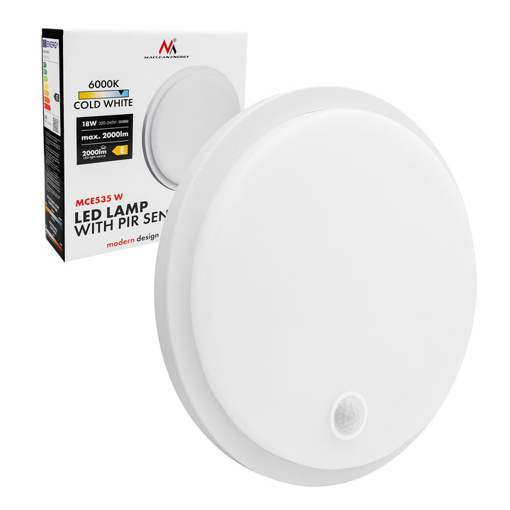 Lampa LED z czujnikiem ruchu Maclean, czujnik PIR, biała, 10W/15/18W, IP65, możliwość zmiany barwy 3000/4000/6000K, MCE535 W