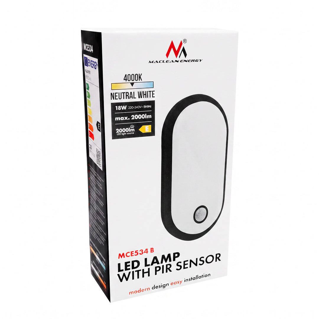 Lampa LED z czujnikiem ruchu Maclean, czujnik PIR, czarna, 10W/15/18W, IP65, możliwość zmiany barwy 3000/4000/6000K, MCE534 B