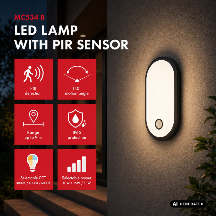 Lampa LED z czujnikiem ruchu Maclean, czujnik PIR, czarna, 10W/15/18W, IP65, możliwość zmiany barwy 3000/4000/6000K, MCE534 B