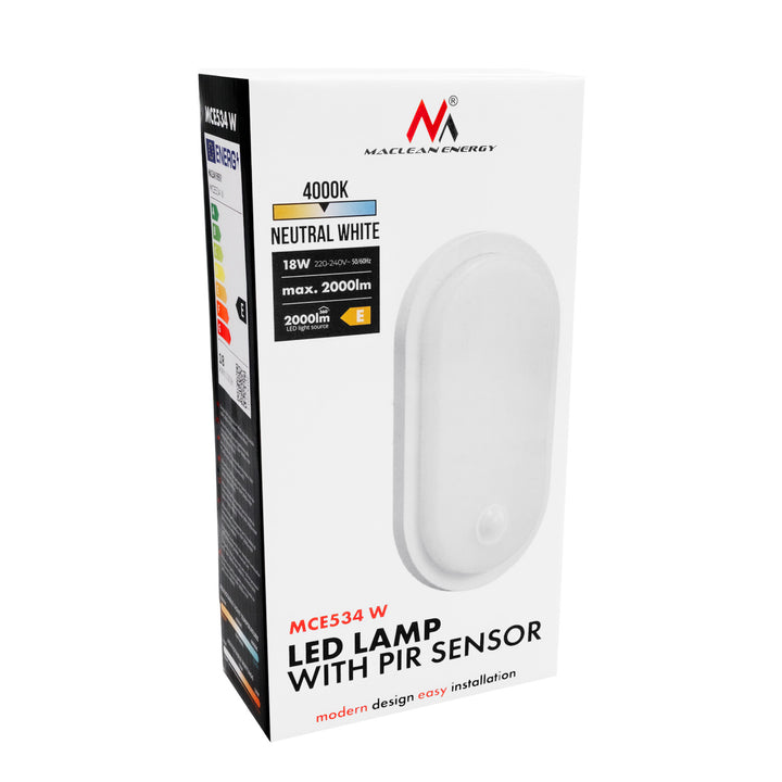 Lampa LED z czujnikiem ruchu Maclean, czujnik PIR, biała, 10W/15/18W, IP65, możliwość zmiany barwy 3000/4000/6000K, MCE534 W