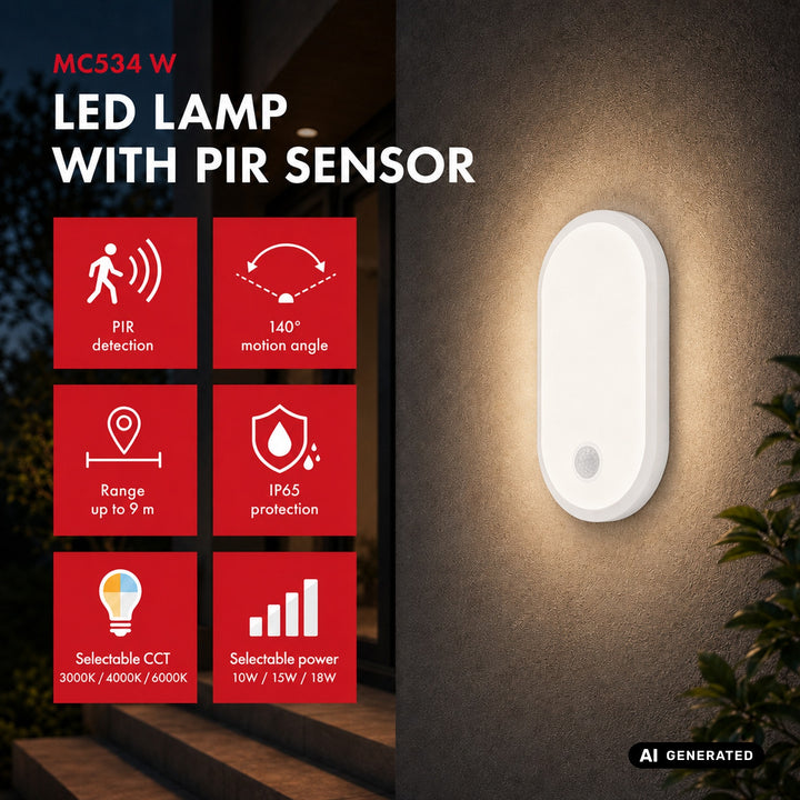 Lampa LED z czujnikiem ruchu Maclean, czujnik PIR, biała, 10W/15/18W, IP65, możliwość zmiany barwy 3000/4000/6000K, MCE534 W