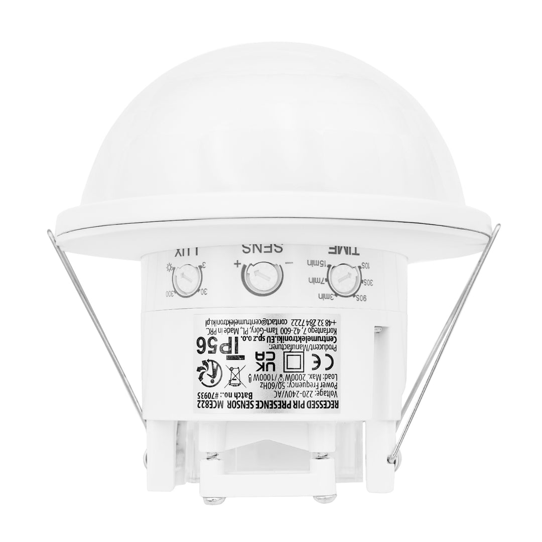 Czujnik obecności PIR Maclean, do zabudowy, zasięg 10x40m, 1000W/2000W, 220-240V AC, 50/60Hz, IP54, MCE822