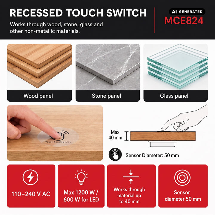 Włącznik dotykowy do zabudowy Maclean, <40mm, 110-240V AC, max. obciążenie 600W dla LED, MCE824