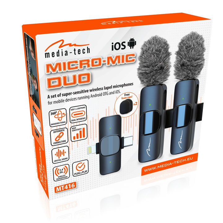 MICRO-MIC DUO - 2x mikrofon bezprzewodowy krawatowy (zestaw), na klips, iOS & Android (OTG), mini, superczuły. USB-C & LIGHTNING, Mediatech