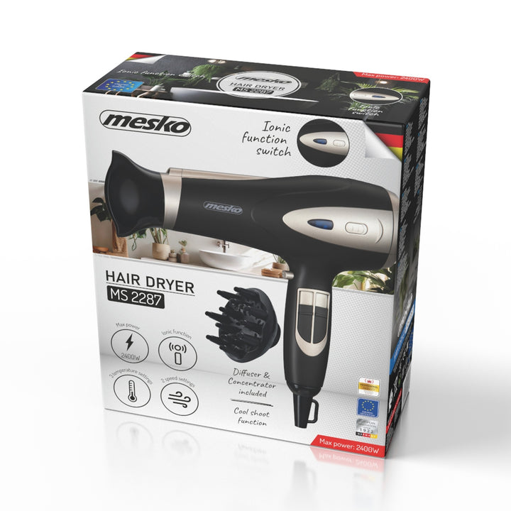 Suszarka do włosów Mesko, funkcja jonizacji, dyfuzor, moc 2200W, czarna, MS 2287