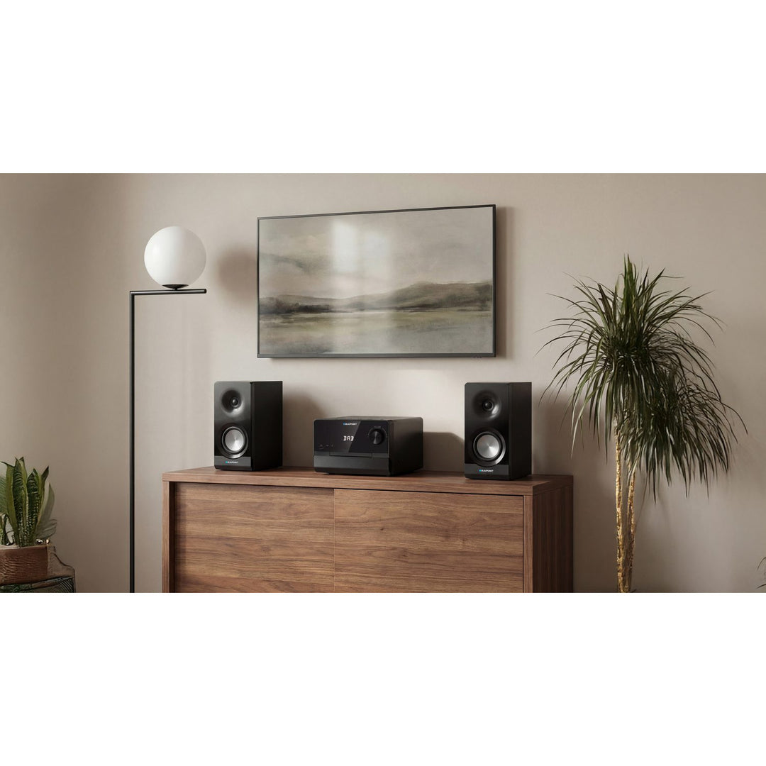 Mikrowieża Blaupunkt, moc 100W RMS, tuner DAB+, wyświetlacz LED, radio FM, w zestawie teleskopowa antena, złącze HDMI ARC, CD/MP3/USB/BT, zegar z funkcją alarmu, MS49DAB