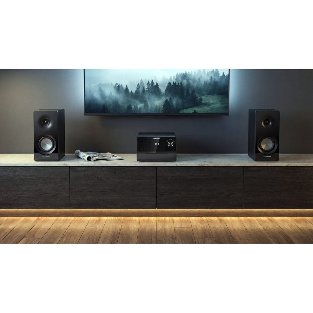 Mikrowieża Blaupunkt, moc 100W RMS, tuner DAB+, wyświetlacz LED, radio FM, w zestawie teleskopowa antena, złącze HDMI ARC, CD/MP3/USB/BT, zegar z funkcją alarmu, MS49DAB
