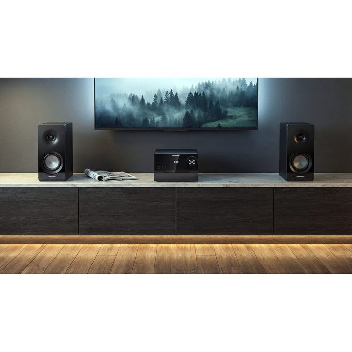 Mikrowieża Blaupunkt, moc 100W RMS, tuner DAB+, wyświetlacz LED, radio FM, w zestawie teleskopowa antena, złącze HDMI ARC, CD/MP3/USB/BT, zegar z funkcją alarmu, MS49DAB