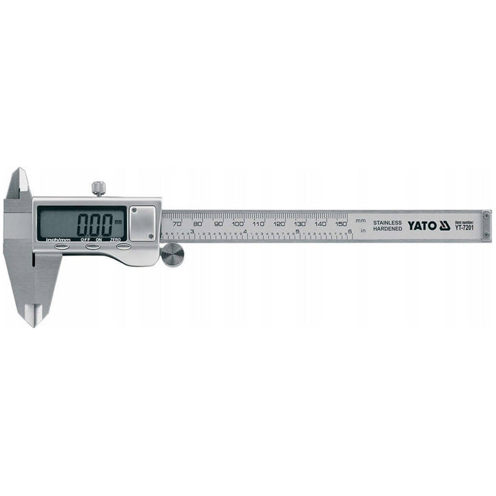 Suwmiarka elektroniczna Yato, ze stali nierdzewnej, dokładność 0,02 mm, zakres 0-150 mm, skala dostosowana do systemu metrycznego i calowego, YT-7201