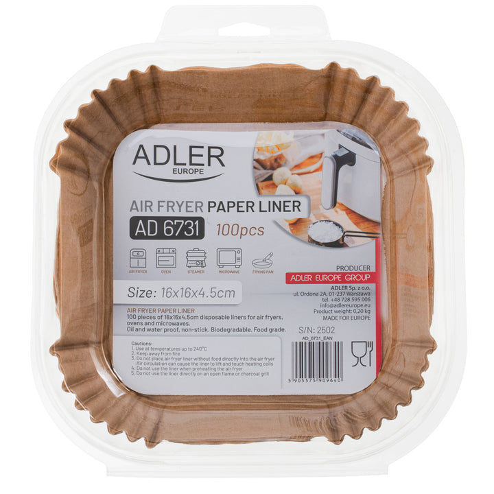 Papierowe wkłady do frytkownicy, airfyera, Adler, 16cm, do 240°C, biodegradowalne, 300 sztuk, AD 6731