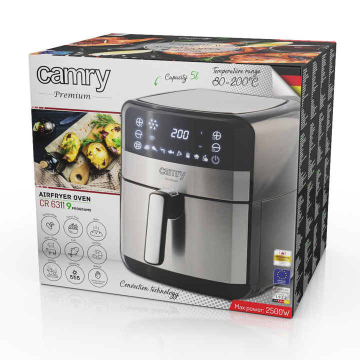 Frytkownica beztłuszczowa, 9 programów, 5,0 L, Airfryer, Camry CR 6311 + papierowe wkłady do frytkownicy, 16cm, biodegradowalne, 100 sztuk