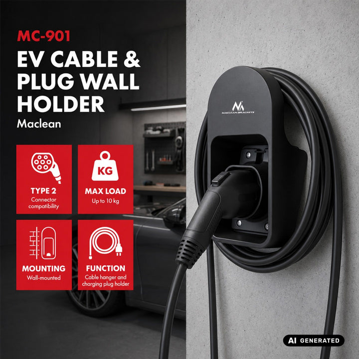 Uchwyt ścienny na kabel i wtyk do ładowarki EV Maclean, uniwersalny, typ 2, max. obciążenie 10kg, MC-901