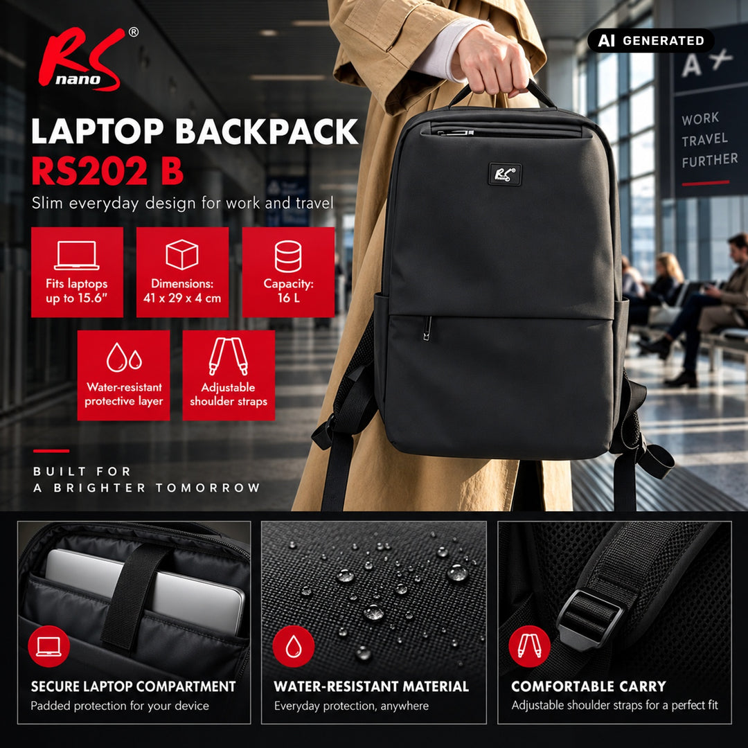 Plecak na laptopa NanoRS, 15,6", czarny, 41x29x4, wodoodporny RS202 B