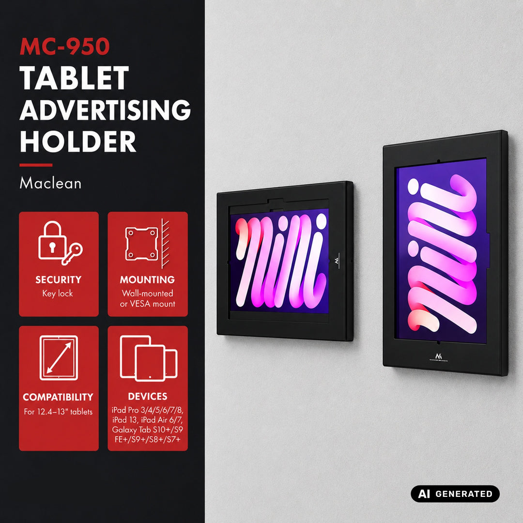 Uchwyt reklamowy do tabletu Maclean, z blokadą, 12.4"-13", iPad Air/ Pro, Samsung Tab S10+/S9+/S8+/S7+, 257x350x22mm, MC-950 B