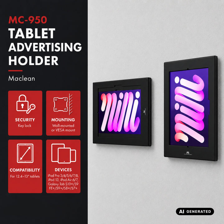 Uchwyt reklamowy do tabletu Maclean, z blokadą, 12.4"-13", iPad Air/ Pro, Samsung Tab S10+/S9+/S8+/S7+, 257x350x22mm, MC-950 B