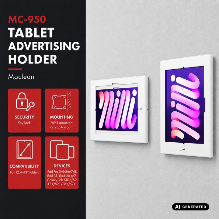 Uchwyt reklamowy do tabletu Maclean, z blokadą, 12.4"-13", iPad Air/ Pro, Samsung Tab S10+/S9+/S8+/S7+, 257x350x22mm, MC-950 W