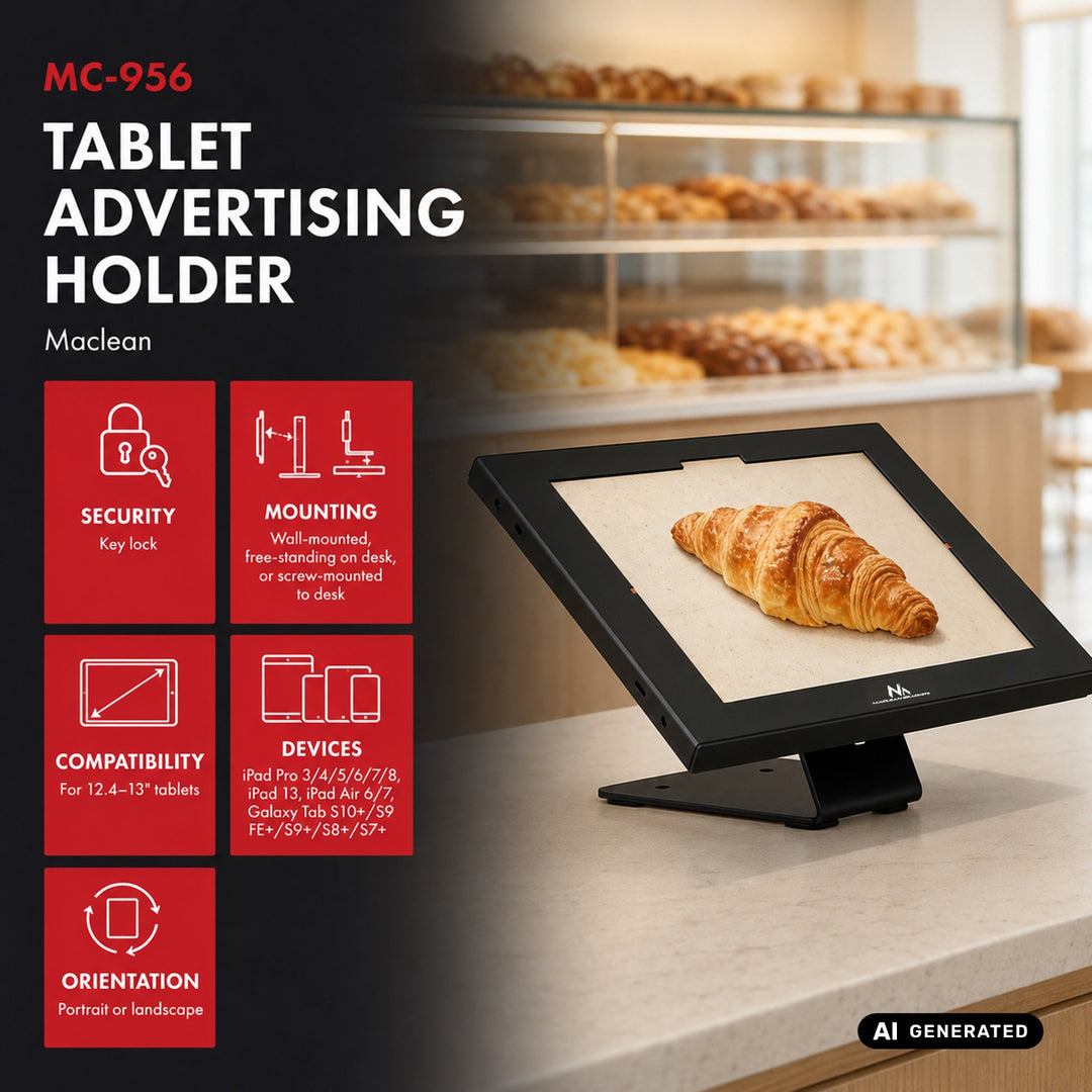Uchwyt reklamowy do tabletu Maclean, z blokadą, 12.4"-13", iPad Air/ Pro, Samsung Tab S10+/S9+/S8+/S7+, 257x350x22mm, MC-956 B