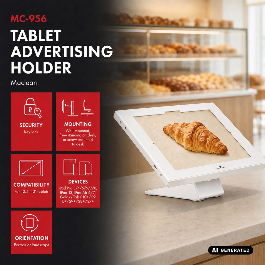 Uchwyt reklamowy do tabletu Maclean, z blokadą, 12.4"-13", iPad Air/ Pro, Samsung Tab S10+/S9+/S8+/S7+, 257x350x22mm, MC-956 W