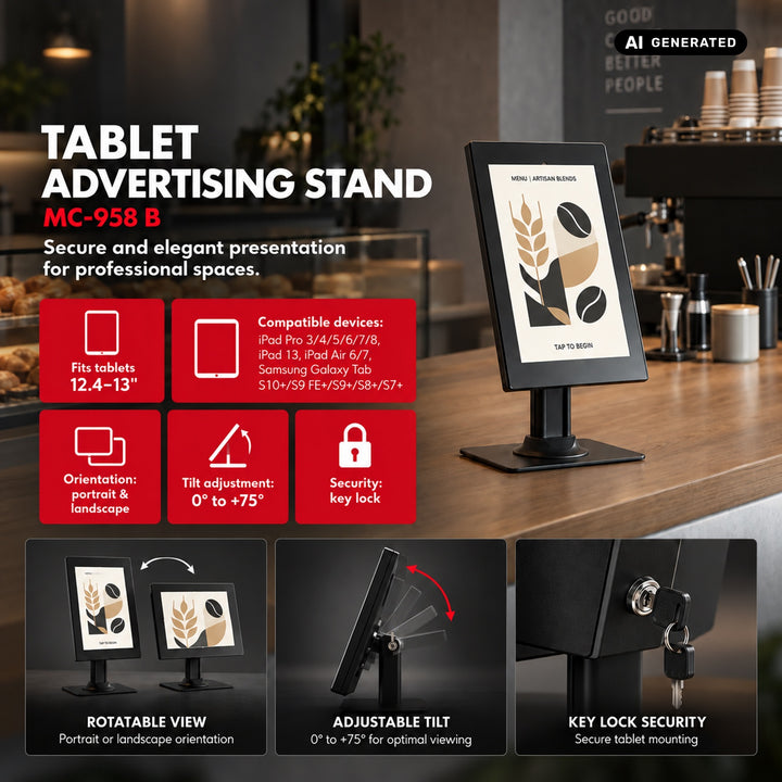Uchwyt reklamowy do tabletu Maclean, z blokadą. 12.4"-13", iPad Air/ Pro, Samsung Tab S10+/S9+/S8+/S7+, 257x350x22mm, MC-958 B