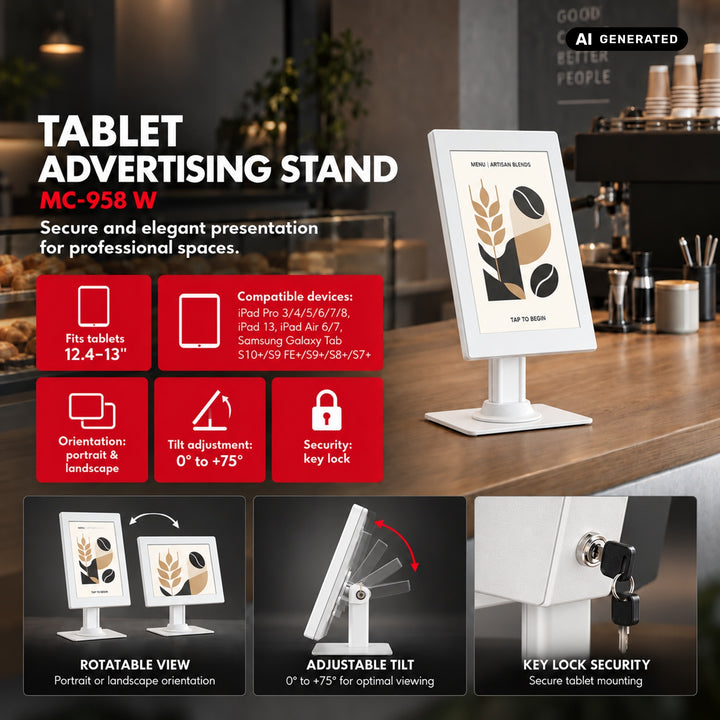 Uchwyt reklamowy do tabletu Maclean, z blokadą, 12.4"-13", iPad Air/ Pro, Samsung Tab S10+/S9+/S8+/S7+, 257x350x22mm, MC-958 W