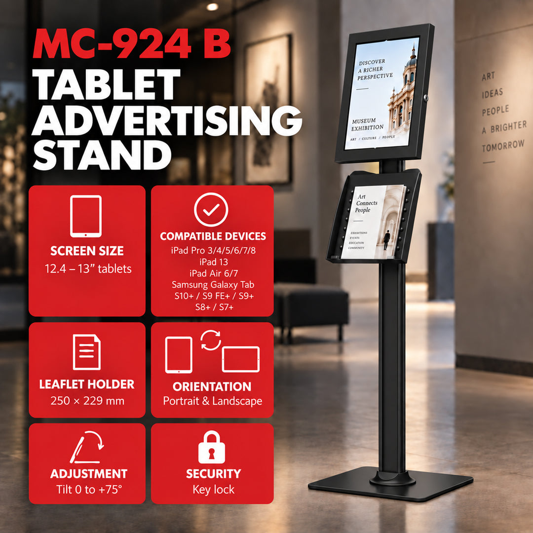 Uchwyt reklamowy do tabletu Maclean, z blokadą. 12.4"-13", iPad Air/ Pro, Samsung Tab S10+/S9+/S8+/S7+, 257x350x22mm, MC-924 B