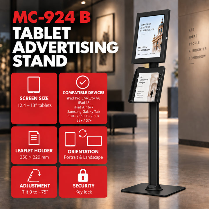 Uchwyt reklamowy do tabletu Maclean, z blokadą. 12.4"-13", iPad Air/ Pro, Samsung Tab S10+/S9+/S8+/S7+, 257x350x22mm, MC-924 B