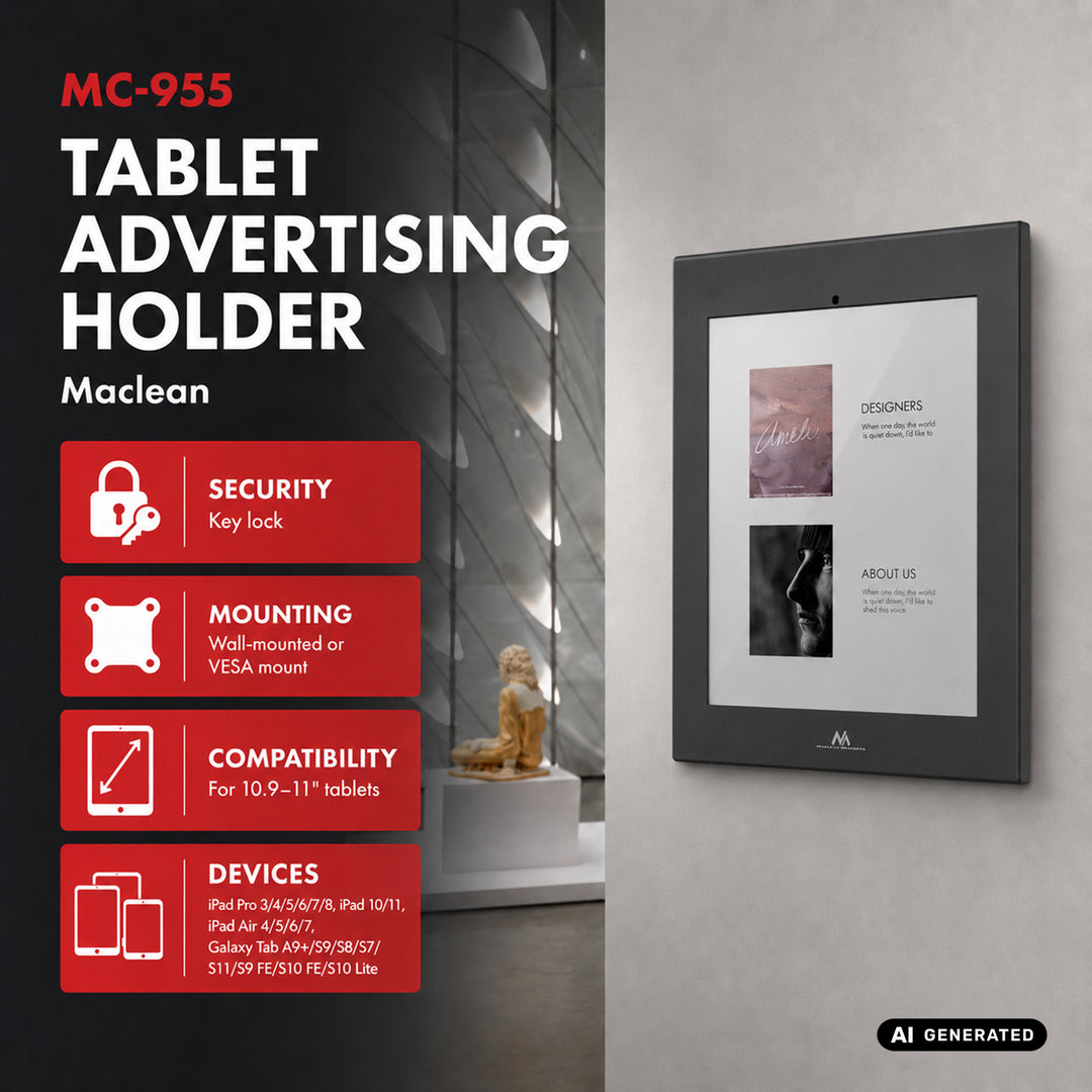 Uchwyt reklamowy do tabletu Maclean, z blokadą, 10.9"-11", iPad Air/ Pro, Samsung Tab A&S Series, 220x323x22mm, MC-955 B