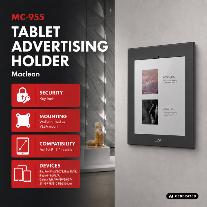 Uchwyt reklamowy do tabletu Maclean, z blokadą, 10.9"-11", iPad Air/ Pro, Samsung Tab A&S Series, 220x323x22mm, MC-955 B