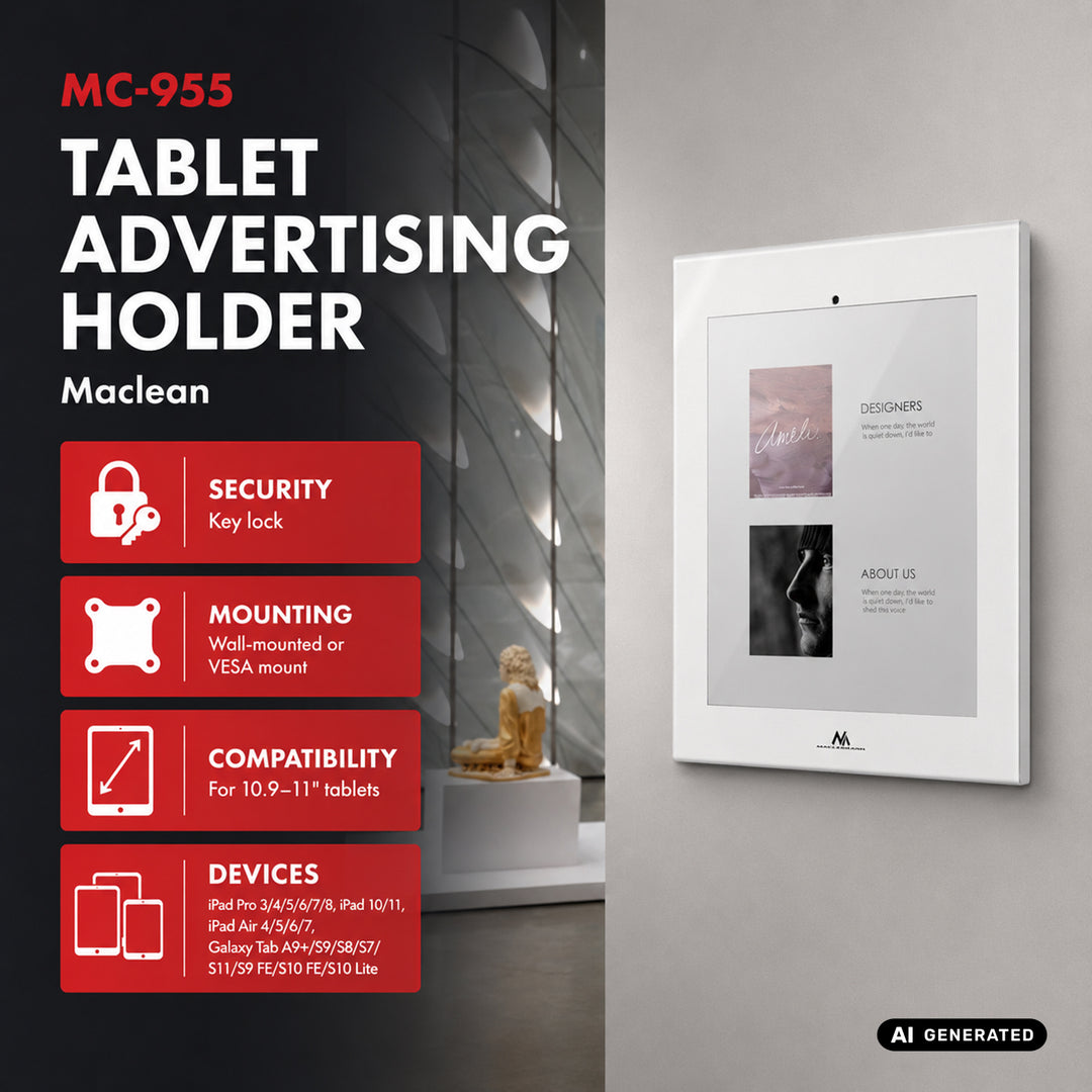 Uchwyt reklamowy do tabletu Maclean, z blokadą. 10.9"-11", iPad Air/ Pro, Samsung Tab A&S Series, 220x323x22mm, MC-955 W