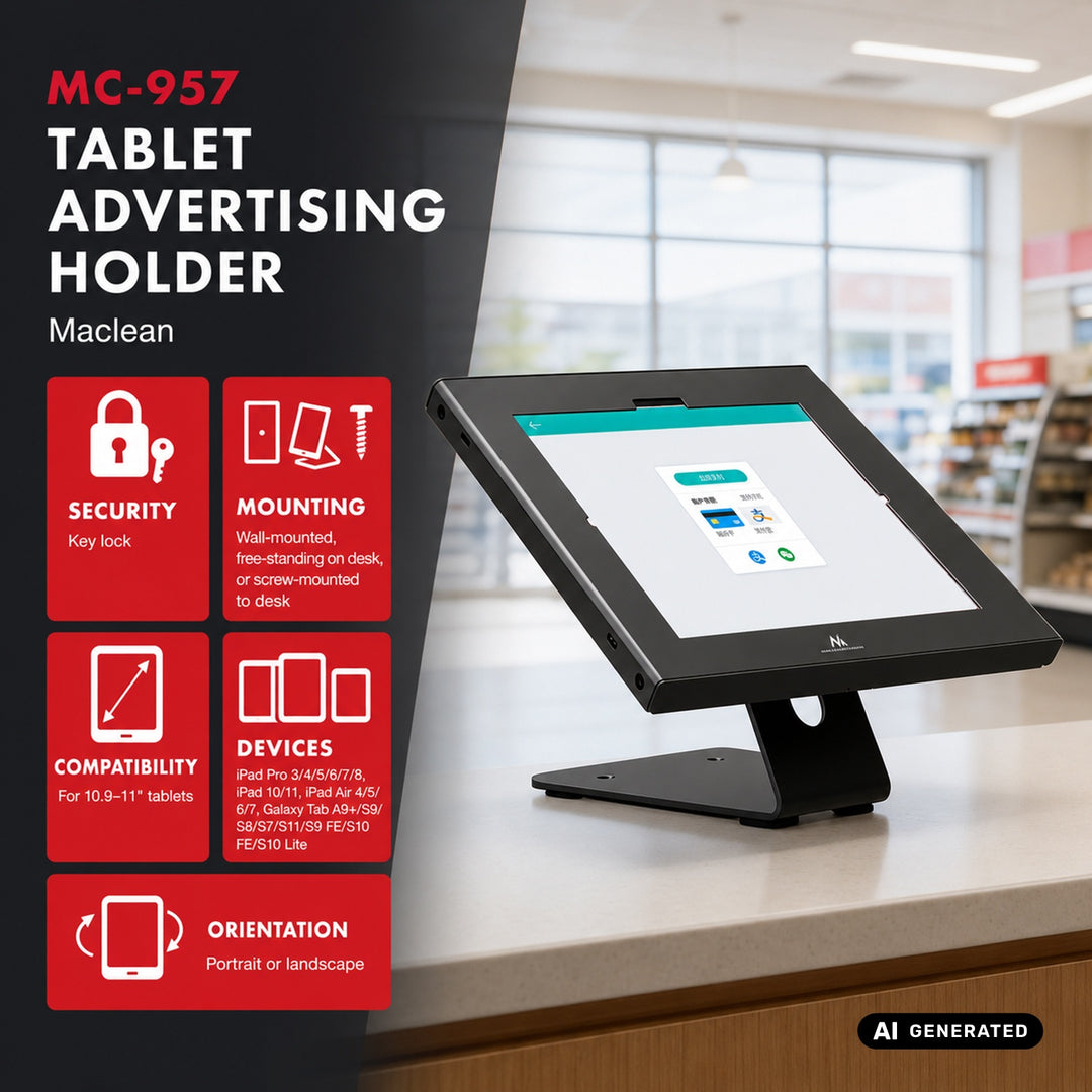 Uchwyt reklamowy do tabletu Maclean, z blokadą, 10.9"-11", iPad Air/ Pro, Samsung Tab A&S Series, 220x323x22mm, MC-957 B