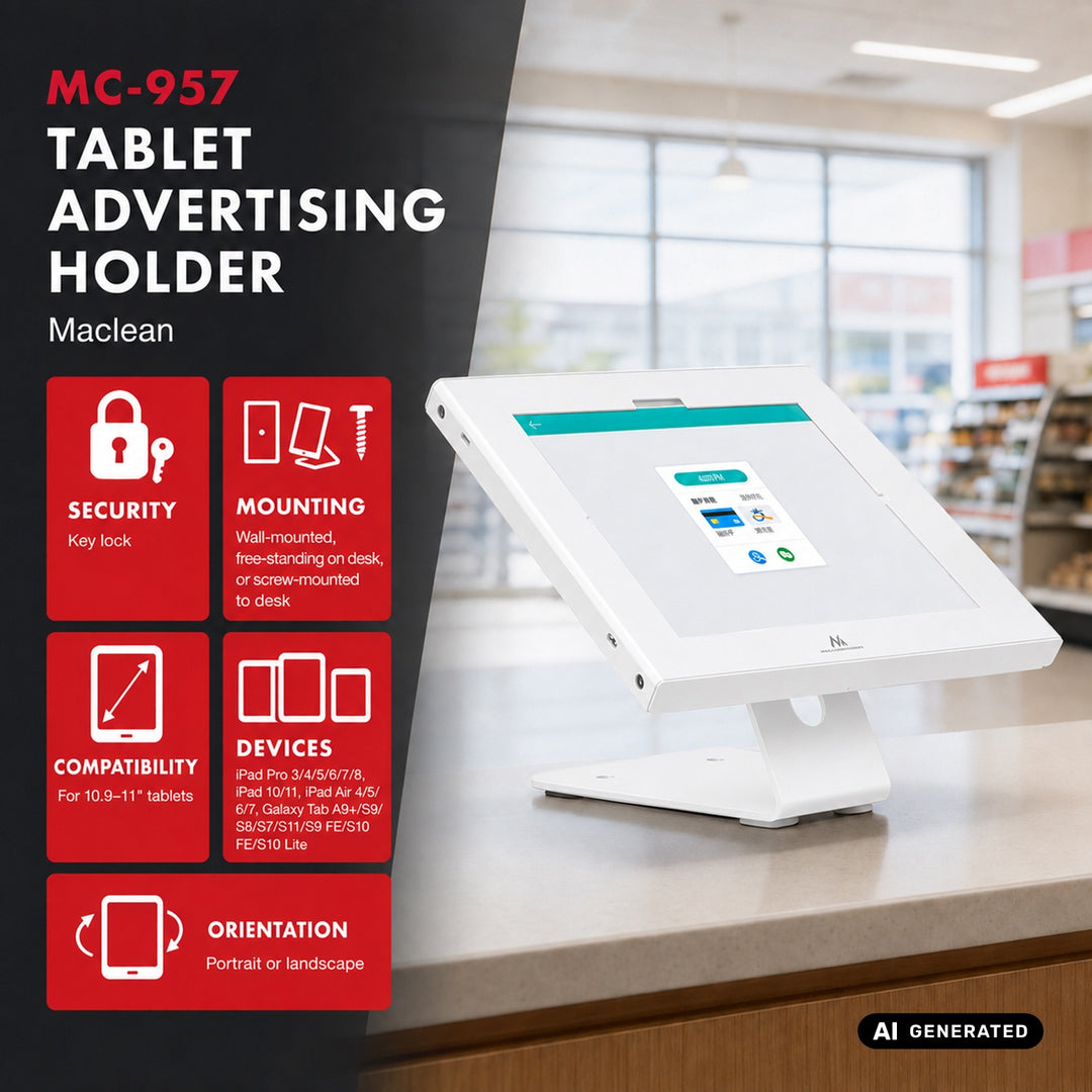 Uchwyt reklamowy do tabletu Maclean, z blokadą, 10.9"-11", iPad Air/ Pro, Samsung Tab A&S Series, 220x323x22mm, MC-957 W