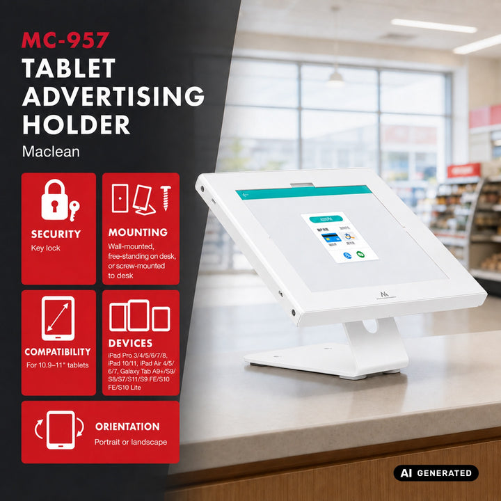Uchwyt reklamowy do tabletu Maclean, z blokadą, 10.9"-11", iPad Air/ Pro, Samsung Tab A&S Series, 220x323x22mm, MC-957 W