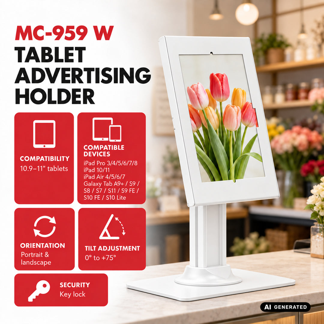 Uchwyt reklamowy do tabletu Maclean, z blokadą, 10.9"-11", iPad Air/ Pro, Samsung Tab A&S Series, 220x323x22mm, MC-959 W