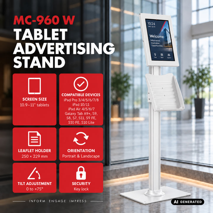 Uchwyt reklamowy do tabletu Maclean, z blokadą, 10.9"-11", iPad Air/ Pro, Samsung Tab A&S Series, 220x323x22mm, MC-960 W