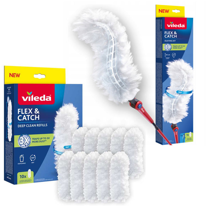 Miotełka do kurzu Vileda Flex&Catch, z długą rączką, zabezpieczenie przed zsuwaniem, elastyczna główka + Wkłady do miotełki 10 sztuk