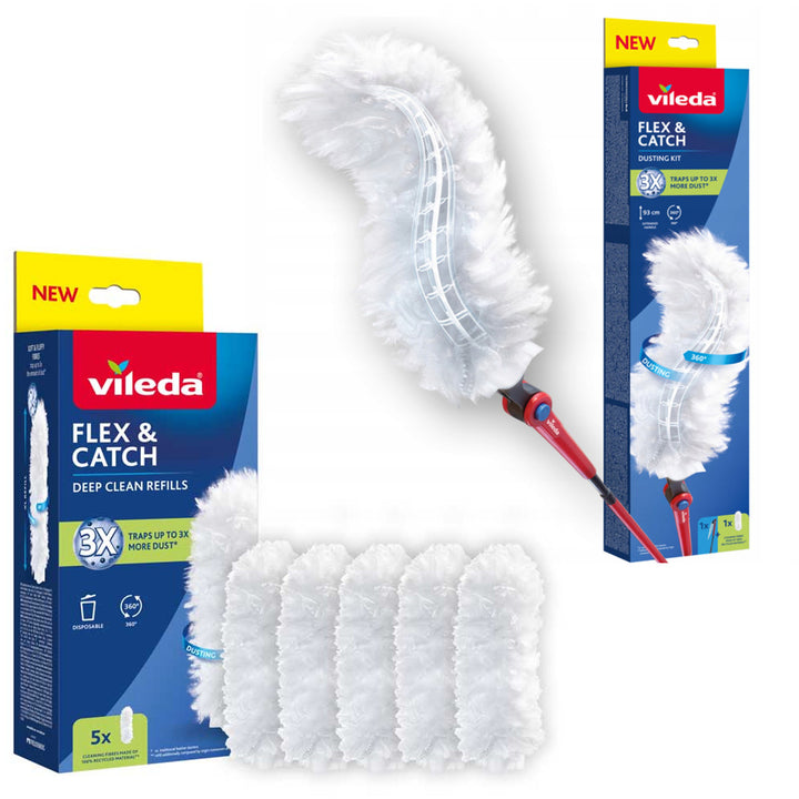 Miotełka do kurzu Vileda Flex&Catch, z długą rączką, zabezpieczenie przed zsuwaniem, elastyczna główka + Wkłady do miotełki 5 sztuk