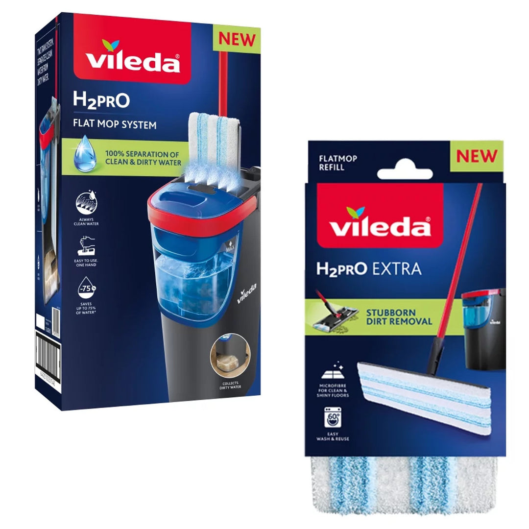 Mop płaski Vileda H2prO, 100% separacji wody czystej od brudnej, dwa zbiorniki, 2 nakładki z mikrofibry, końcówka 360°, 175774