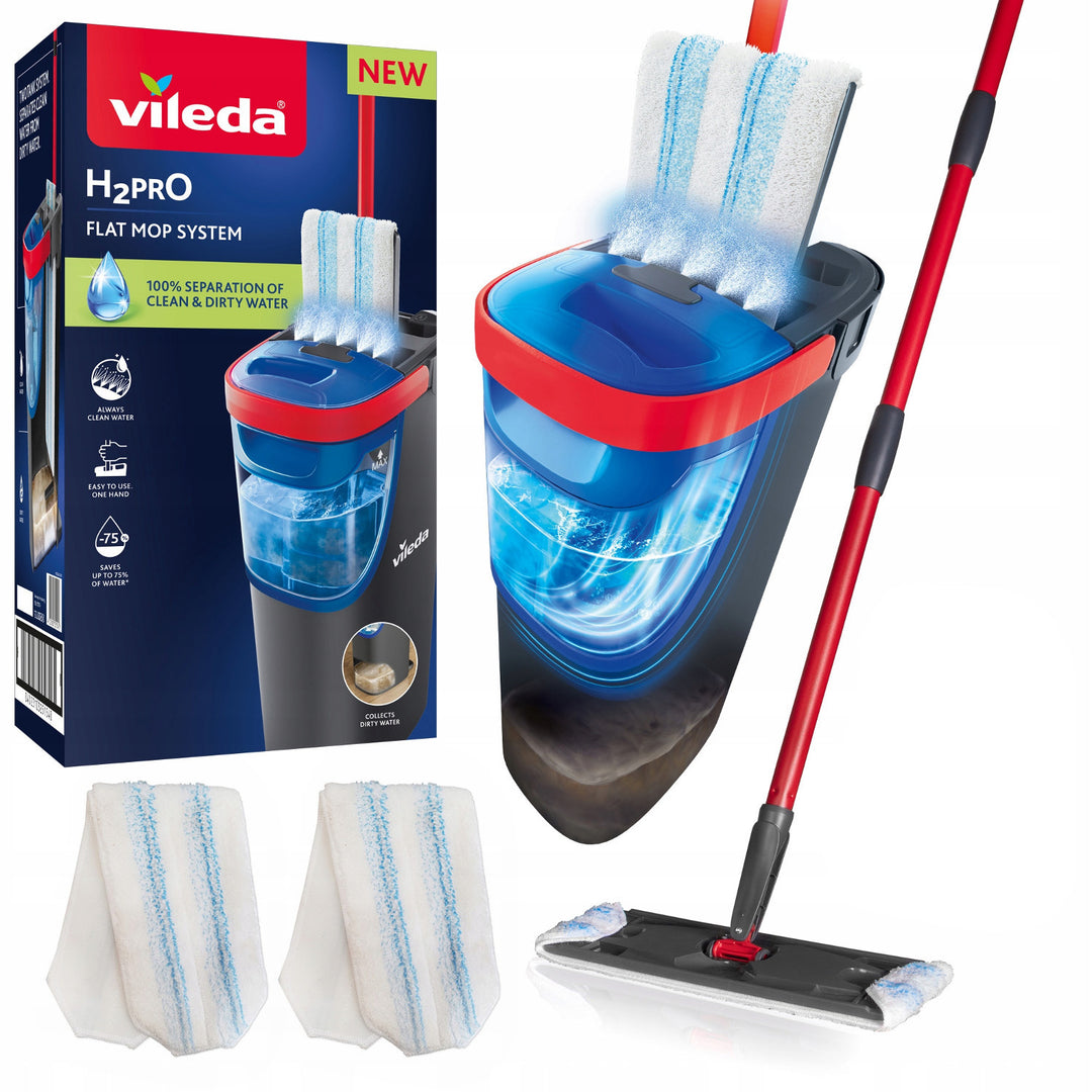Mop płaski Vileda H2prO, 100% separacji wody czystej od brudnej, dwa zbiorniki, 2 nakładki z mikrofibry, końcówka 360°, 175774