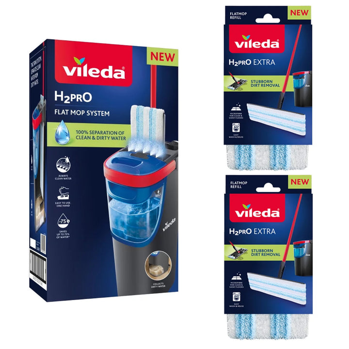 Mop płaski Vileda H2prO, 100% separacji wody czystej od brudnej, dwa zbiorniki, 3 nakładki z mikrofibry, końcówka 360°, 175774