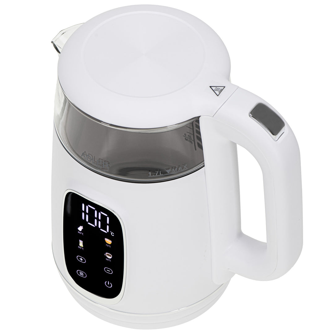 Czajnik elektryczny szklany z regulacją temperatury 1,7L, LED, 40–100°C, Adler AD 1305 WS white