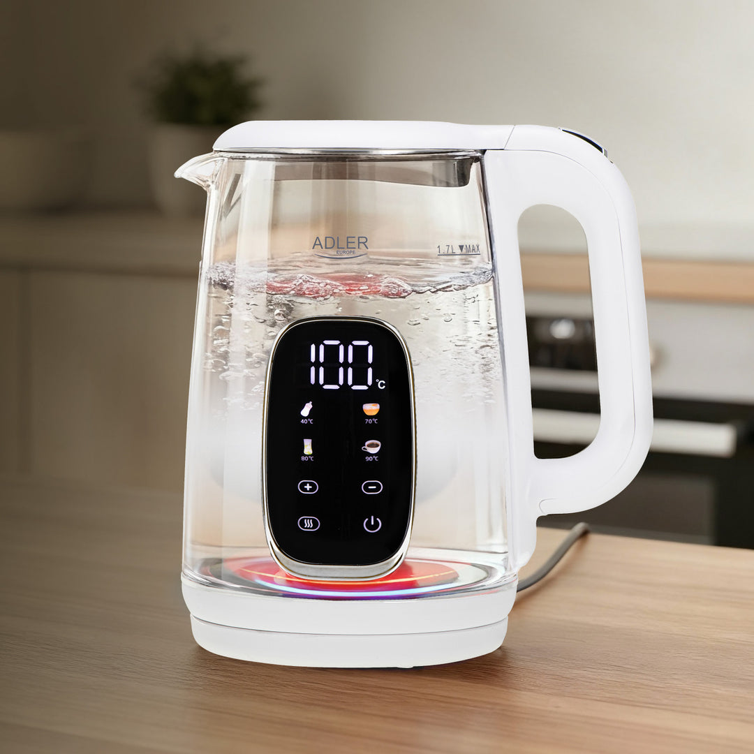 Czajnik elektryczny szklany z regulacją temperatury 1,7L, LED, 40–100°C, Adler AD 1305 WS white