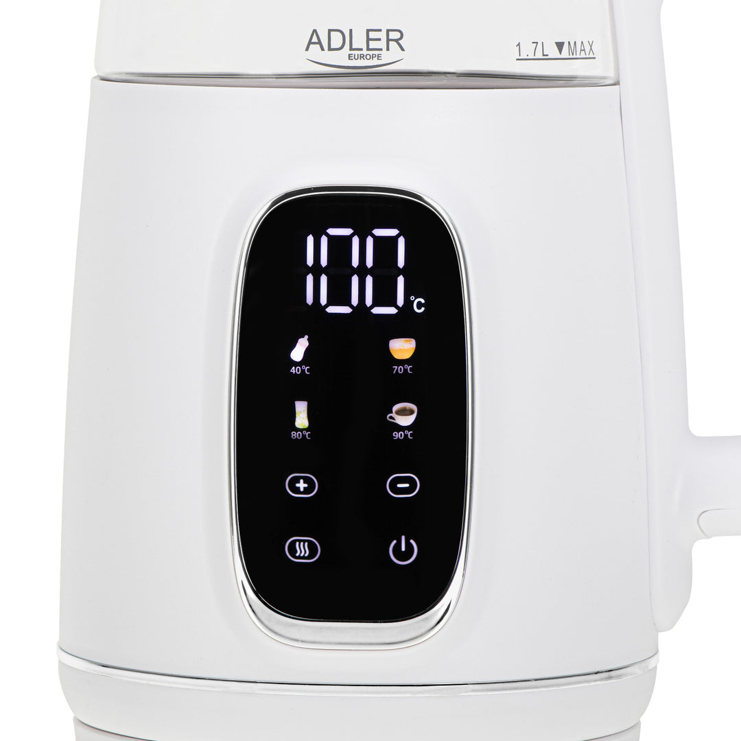 Czajnik elektryczny szklany z regulacją temperatury 1,7L, LED, 40–100°C, Adler AD 1305 WS white