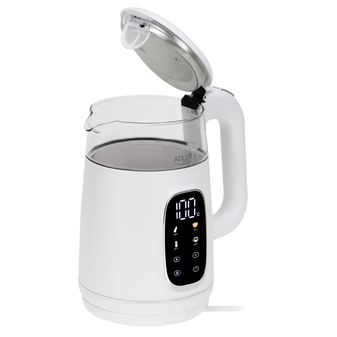 Czajnik elektryczny szklany z regulacją temperatury 1,7L, LED, 40–100°C, Adler AD 1305 WS white
