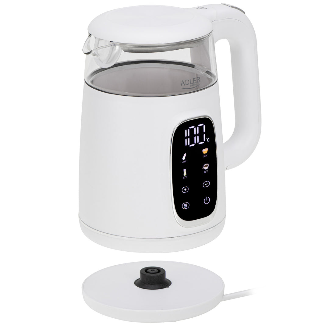 Czajnik elektryczny szklany z regulacją temperatury 1,7L, LED, 40–100°C, Adler AD 1305 WS white