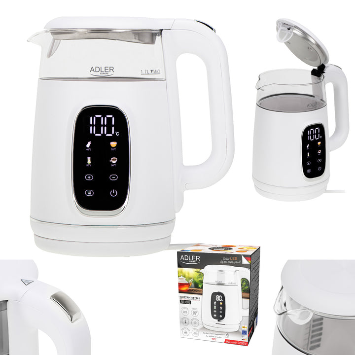 Czajnik elektryczny szklany z regulacją temperatury 1,7L, LED, 40–100°C, Adler AD 1305 WS white